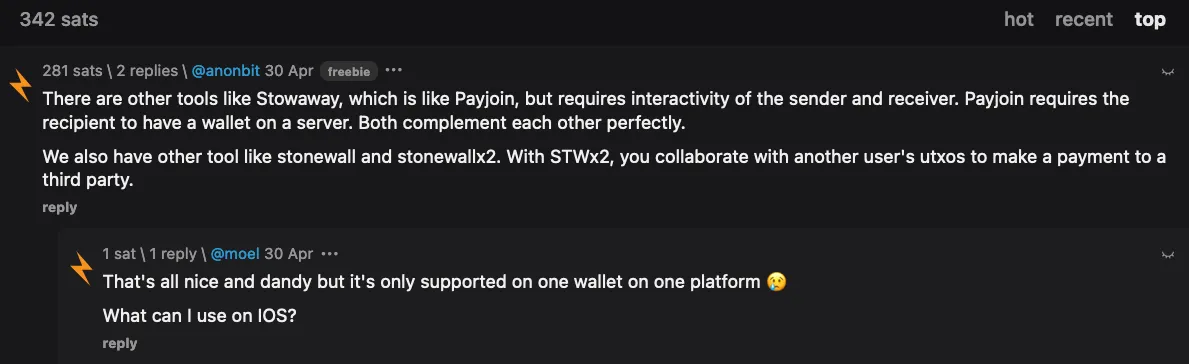Stacker News commenters share plight over incompatible payjoin protocols